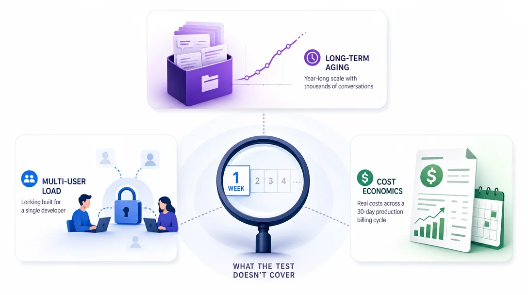 Flat 2.0 illustration of three caveats a one-week test cannot cover: long-term aging, multi-user load, and full cost economics.