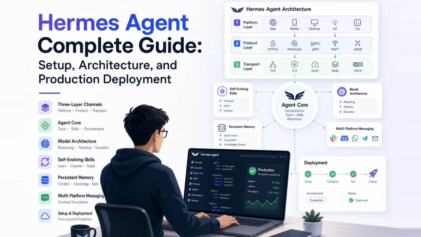 Hermes Agent complete guide cover with architecture and deployment workflow
