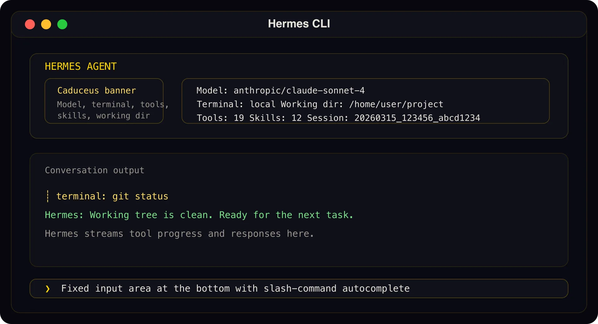 Hermes CLI layout showing model, tools, skills, and conversation output
