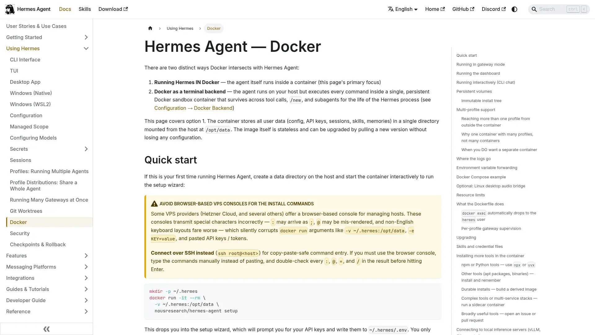 Hermes Agent Docker documentation comparing its two container modes