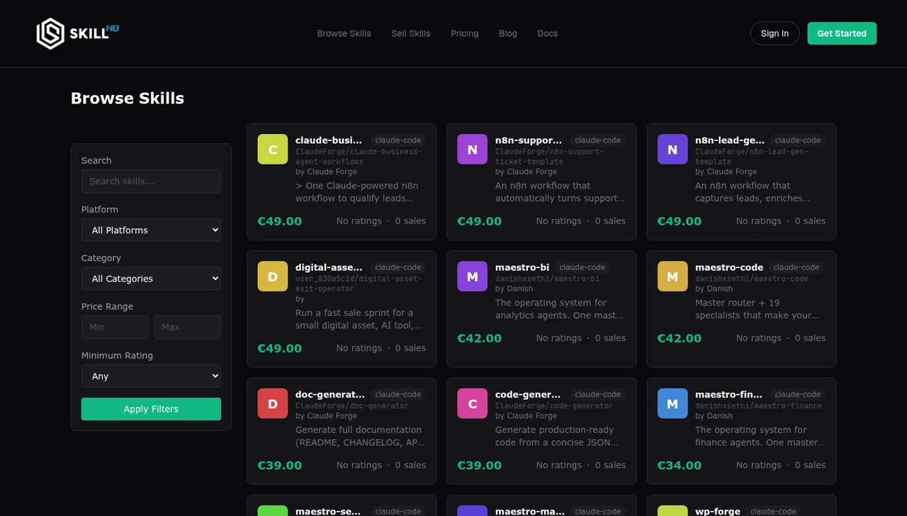 SkillHQ marketplace listings with prices and filters for agent skills