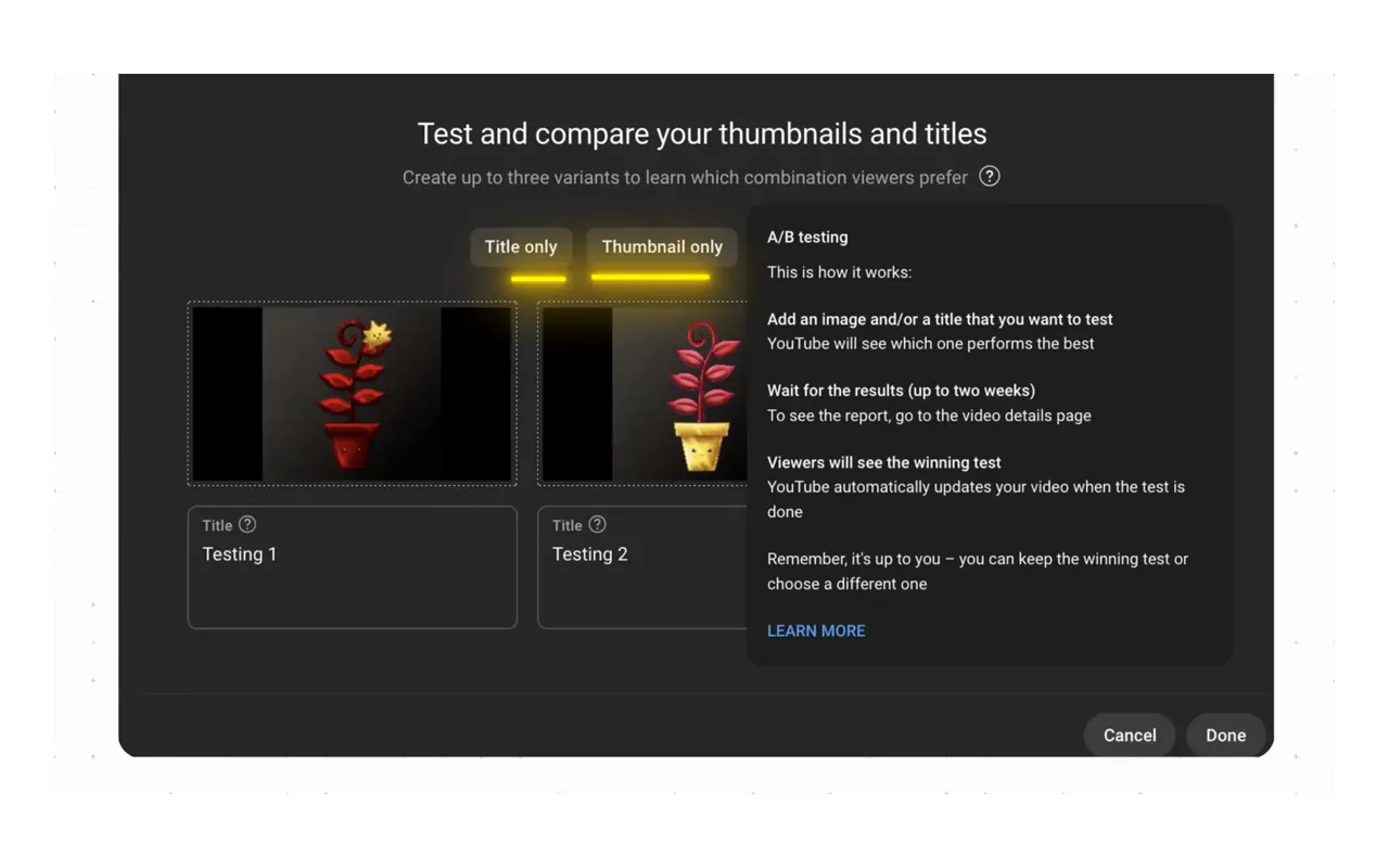 YouTube Test and Compare report for three thumbnail variants