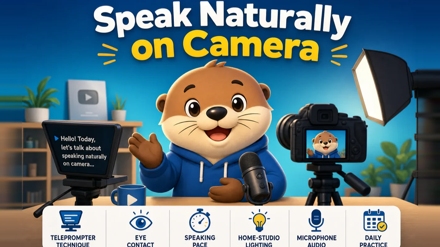 Creator mascot speaking naturally on camera with a teleprompter and microphone