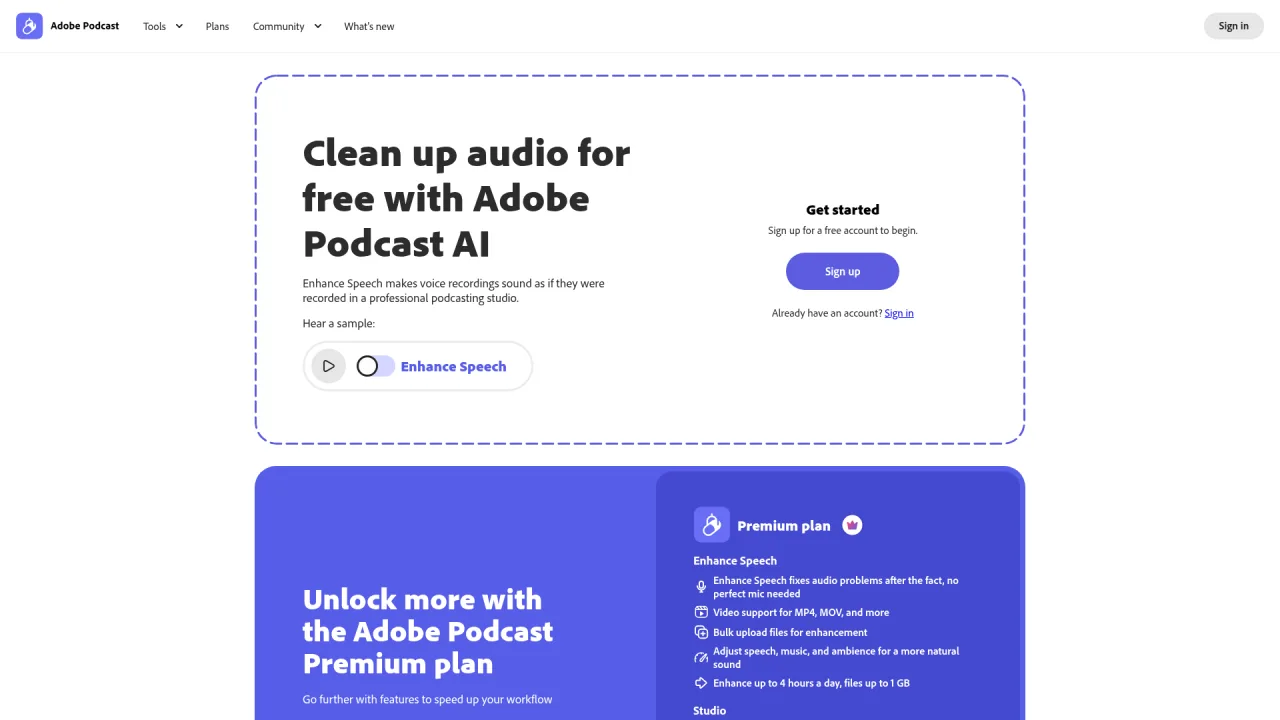 Adobe Podcast Enhance Speech interface for cleaning up recorded voice audio