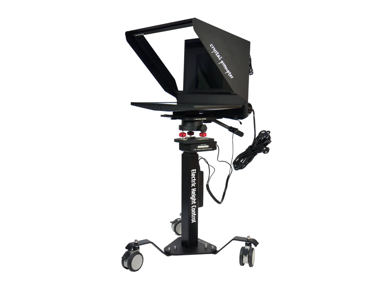 Studio teleprompter with beam-splitter glass, monitor mount, and rolling base