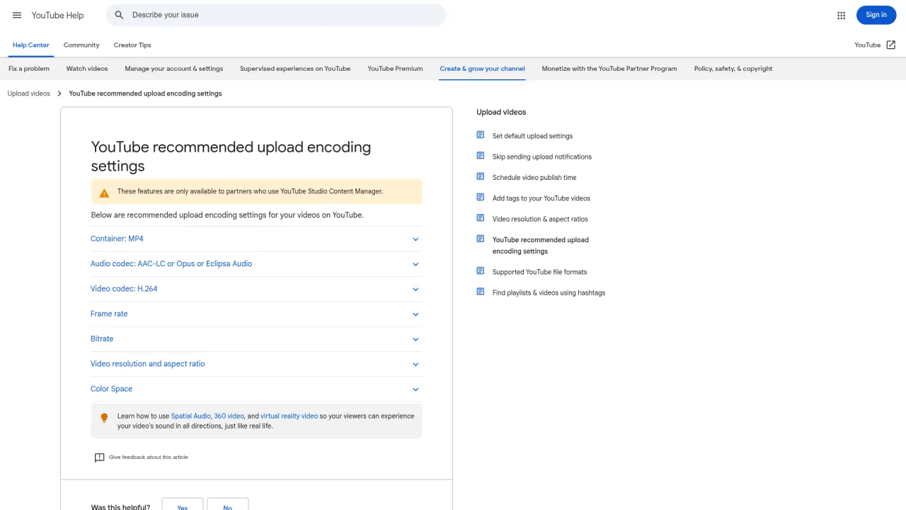 YouTube Help page for video encoding, frame rate, bitrate, and aspect ratio