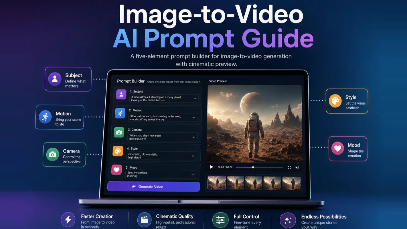 Image-to-video AI prompt guide with five controls and a cinematic preview