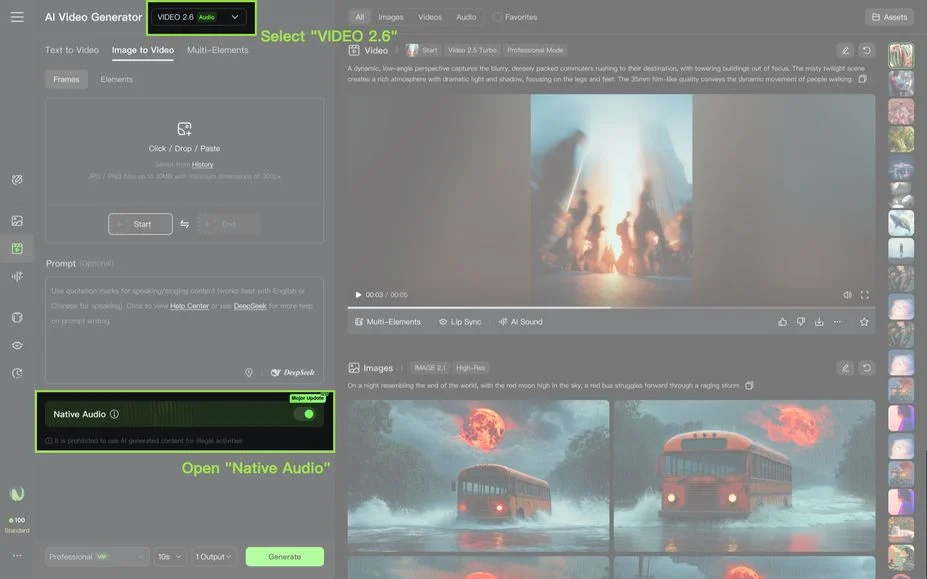 Kling 3.0 image-to-video interface with native audio controls