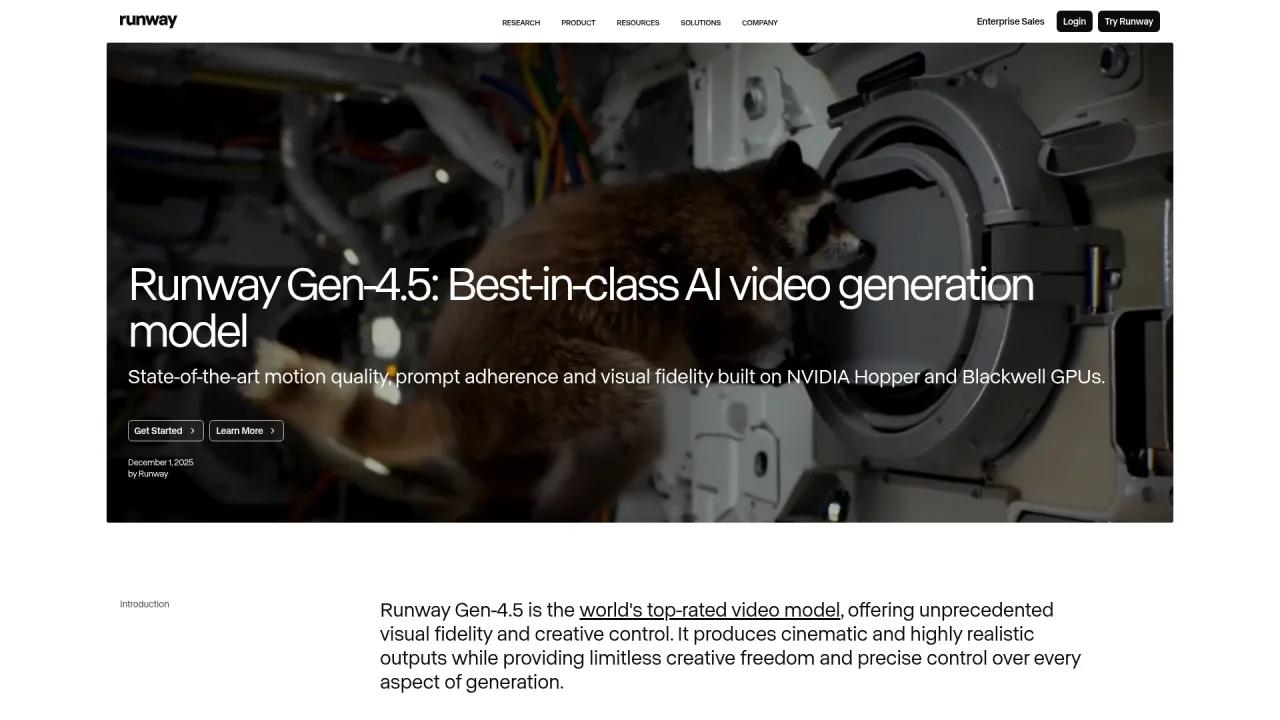 Runway Gen-4.5 official page highlighting motion quality and prompt adherence