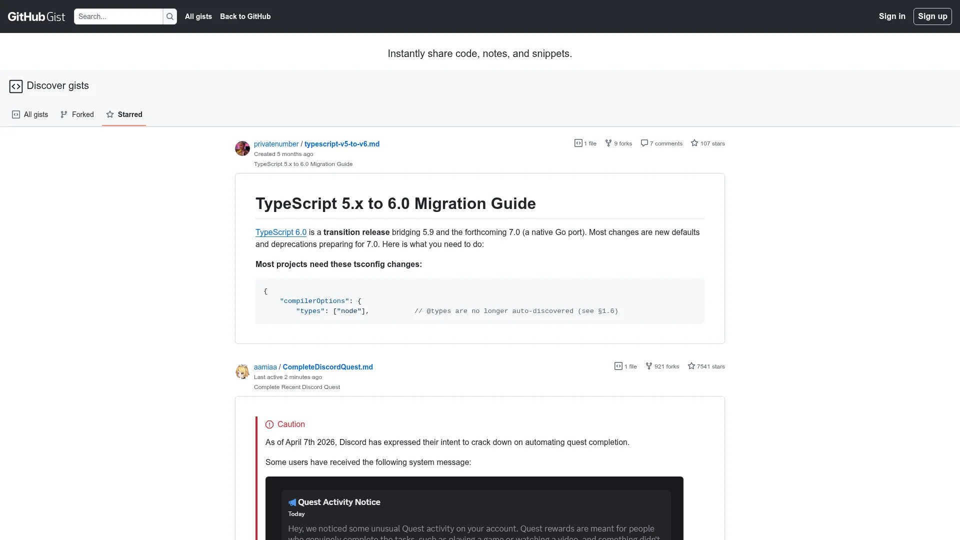 GitHub Gist interface for instantly sharing code snippets and notes