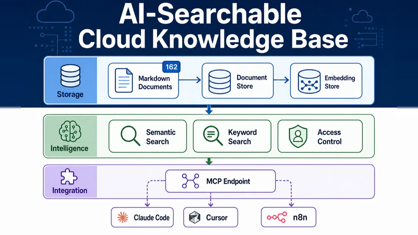 Cloud knowledge base architecture connecting Markdown, search, MCP, and AI tools