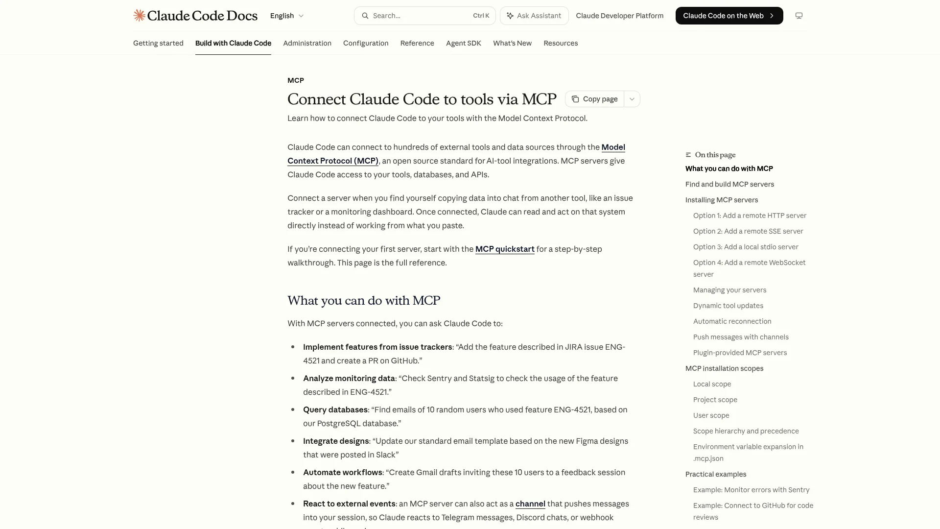 Claude Code MCP docs for connecting external tools and data sources