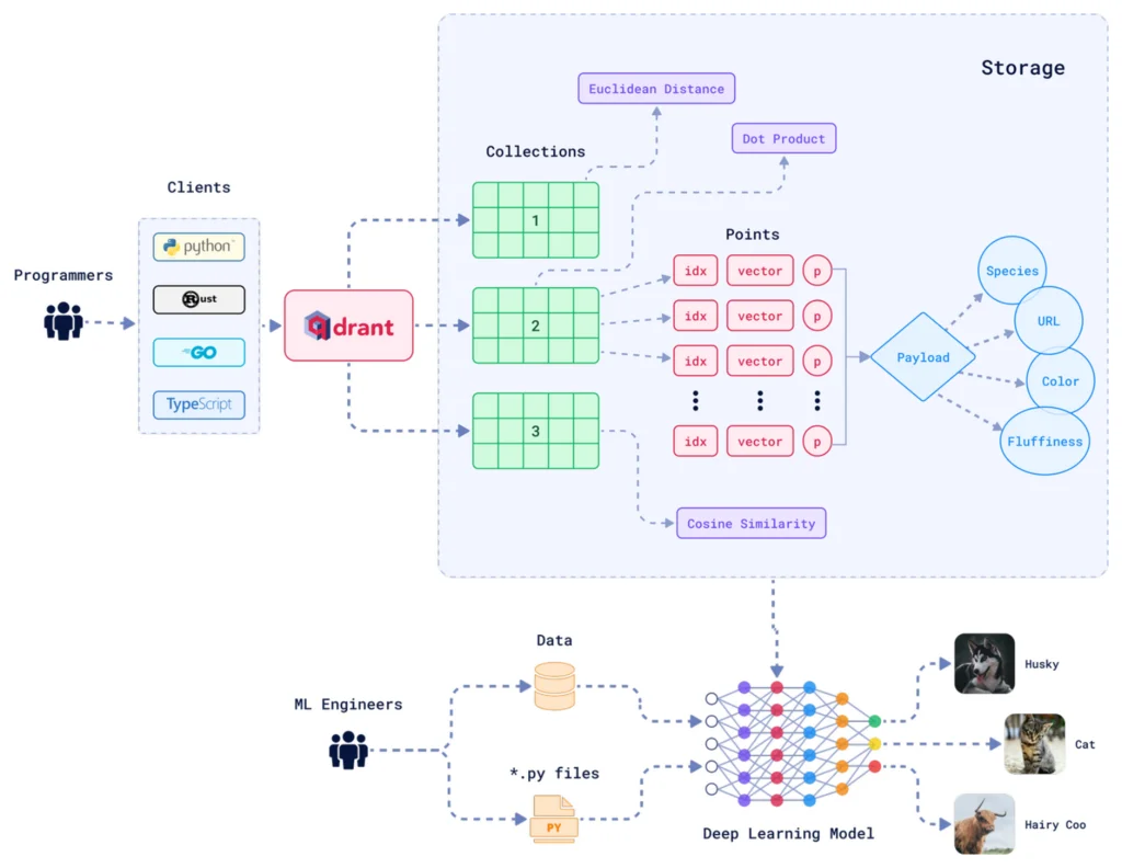Vector database architecture with collections, vectors, payloads, and metrics