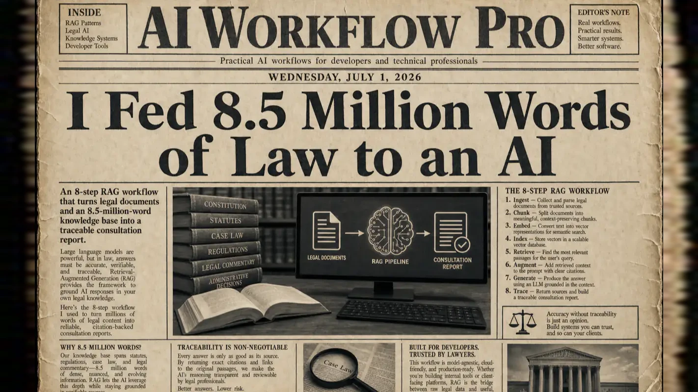 Old newspaper cover of an AI legal knowledge base and 8-step RAG workflow