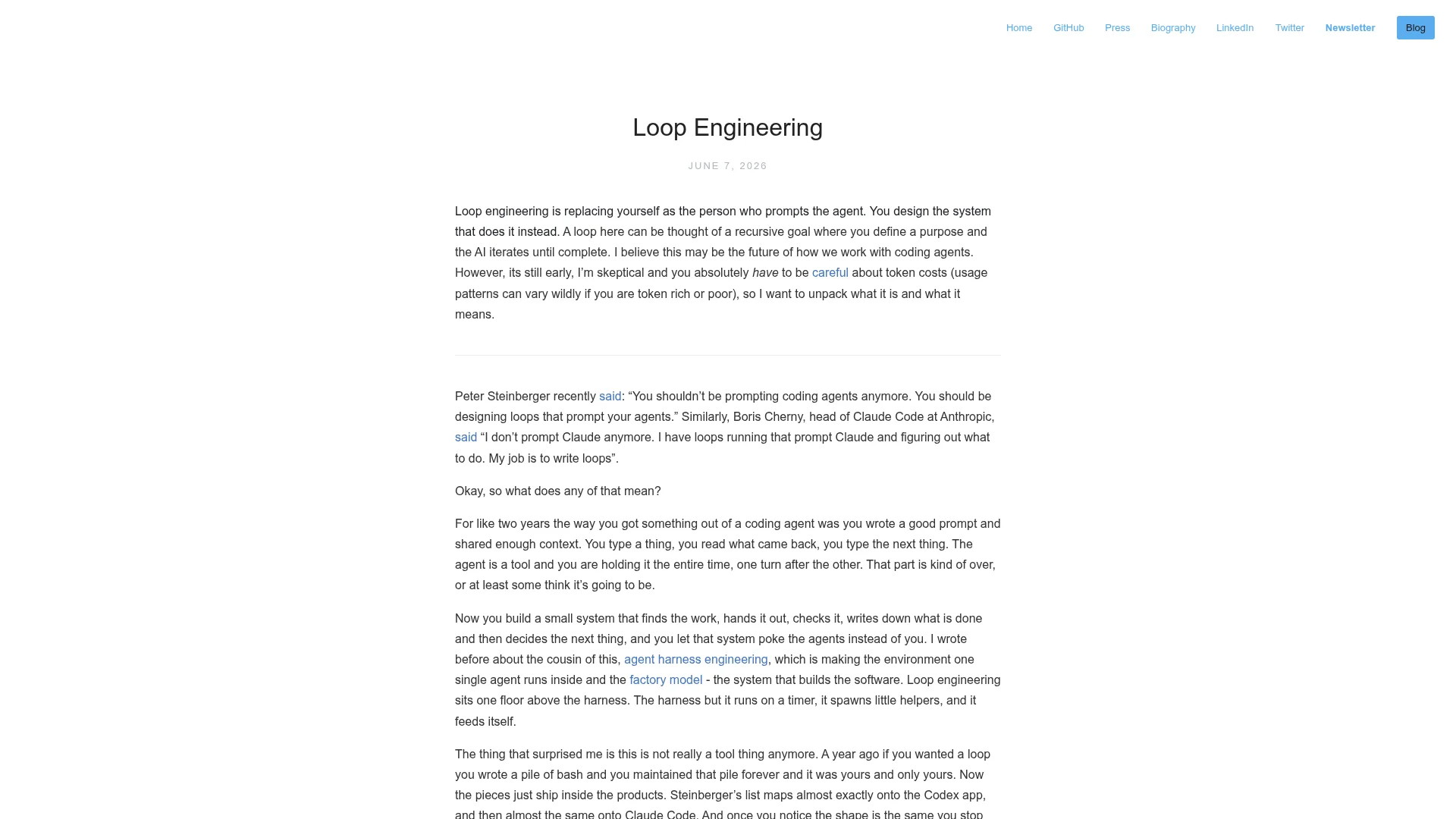 Addy Osmani's Loop Engineering article defining autonomous agent loops