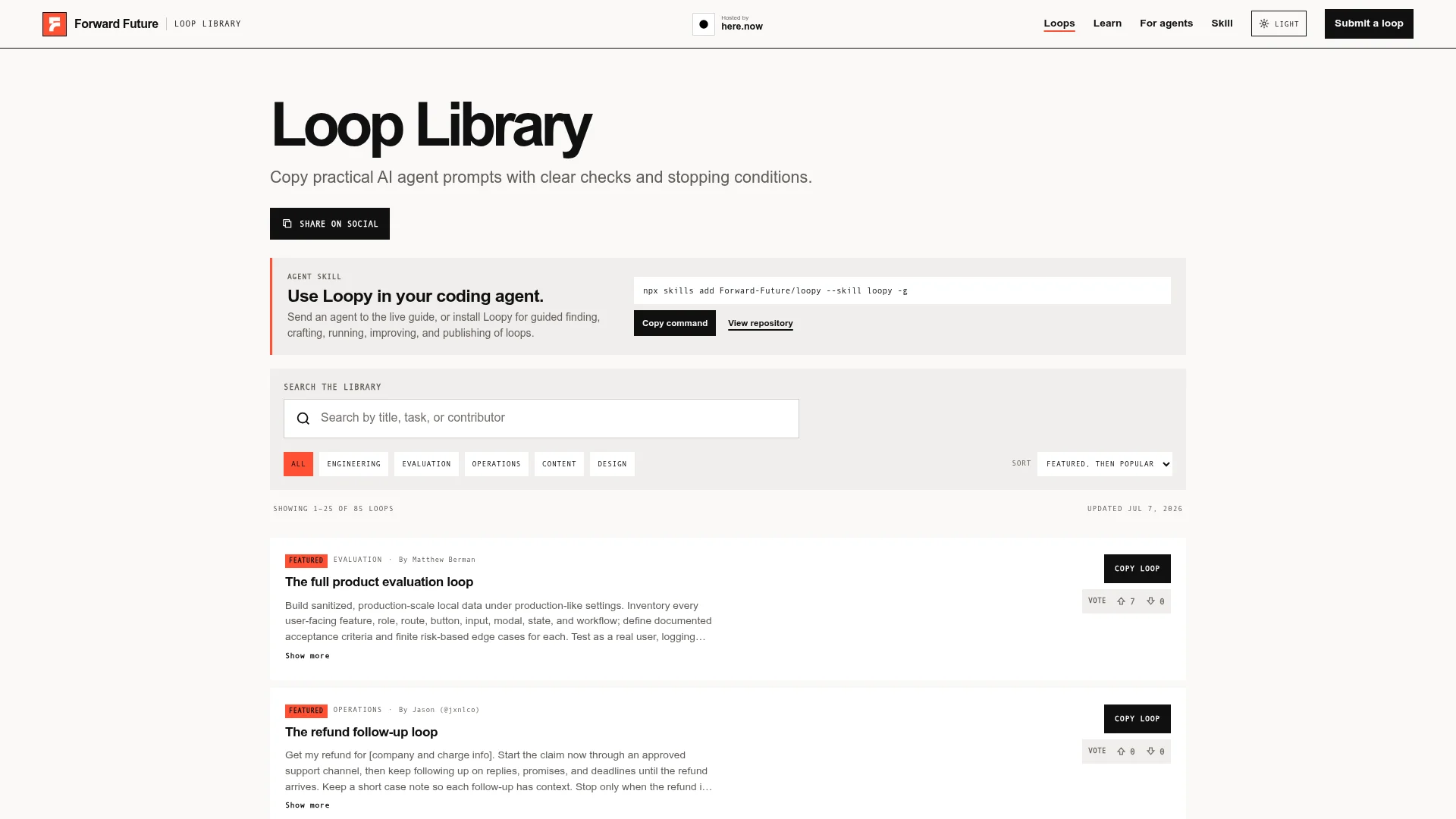Forward Future Loop Library catalog with checks and stopping conditions