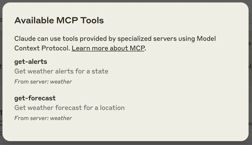Claude interface listing tools supplied by a connected MCP weather server