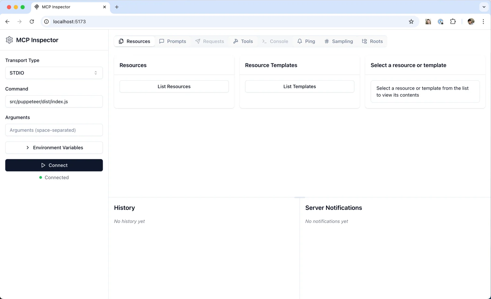 MCP Inspector interface for testing resources, prompts, tools, and connections