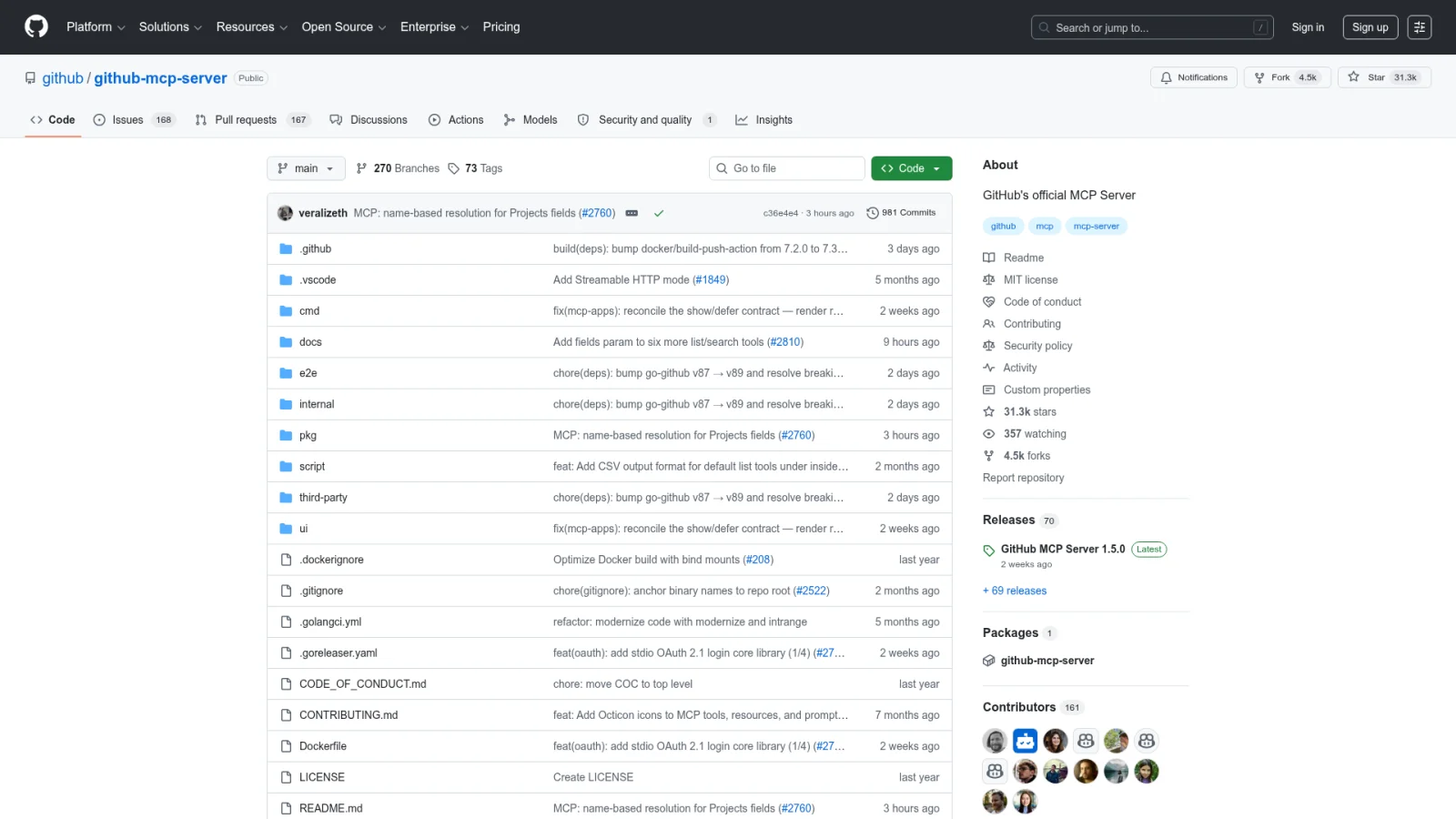 GitHub's official MCP server repository with releases and source files
