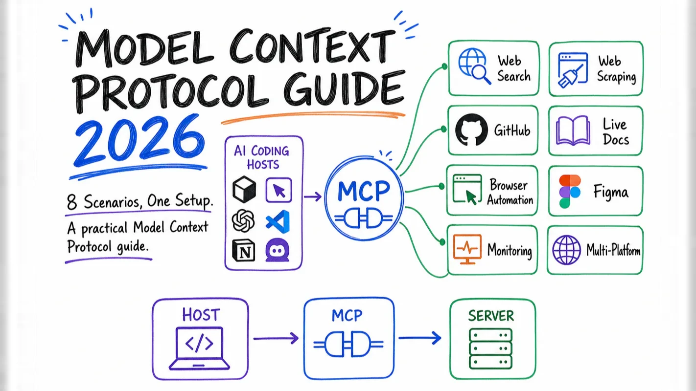 Model Context Protocol whiteboard linking AI hosts to eight server scenarios