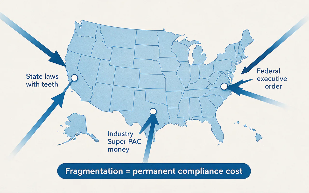 US AI regulation pulled by federal orders, state laws, and lobbying money