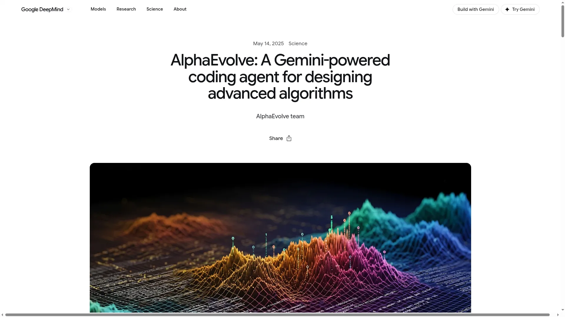 Google DeepMind's AlphaEvolve blog on a coding agent that finds new algorithms