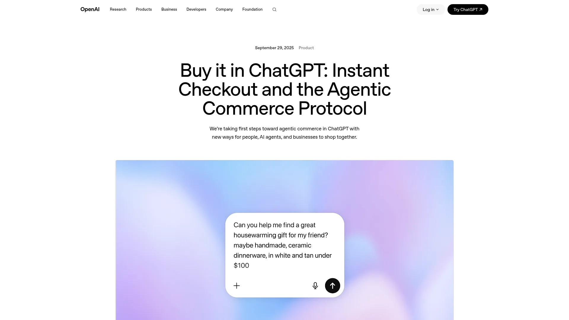 OpenAI's Buy it in ChatGPT page introducing the Agentic Commerce Protocol