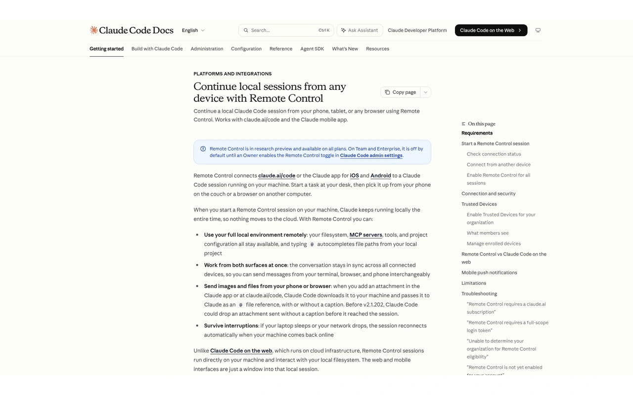 Claude Code Remote Control documentation for phone-based coding
