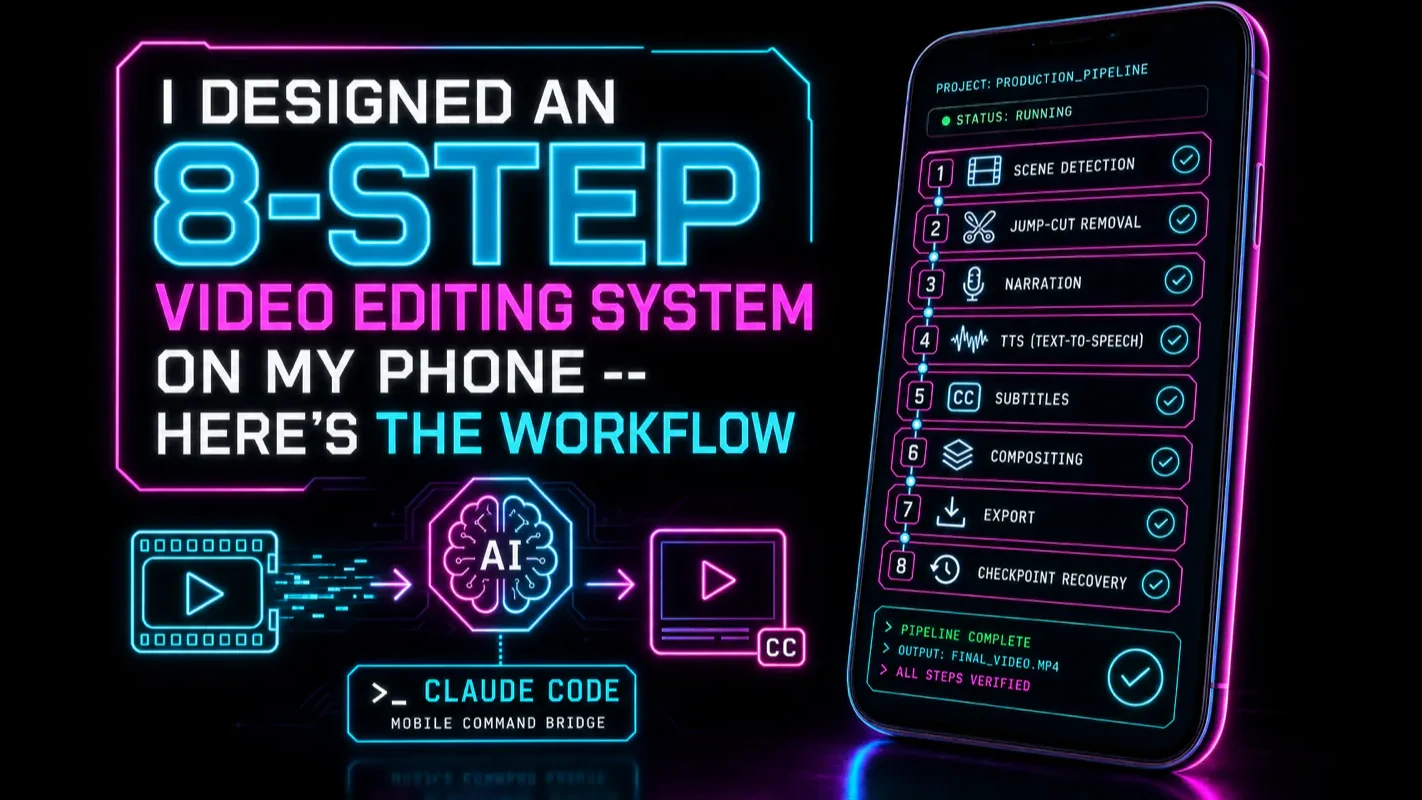 Claude Code phone interface with a neon 8-step video editing automation workflow
