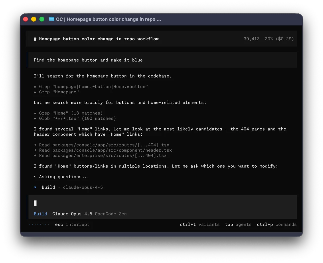OpenCode terminal interface running an autonomous AI coding task