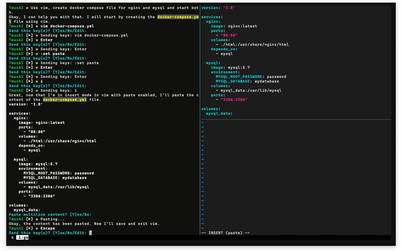 TmuxAI controlling Vim inside a persistent split-terminal session
