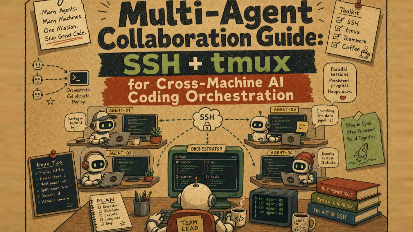 Vintage multi-agent collaboration diagram with SSH and tmux across machines