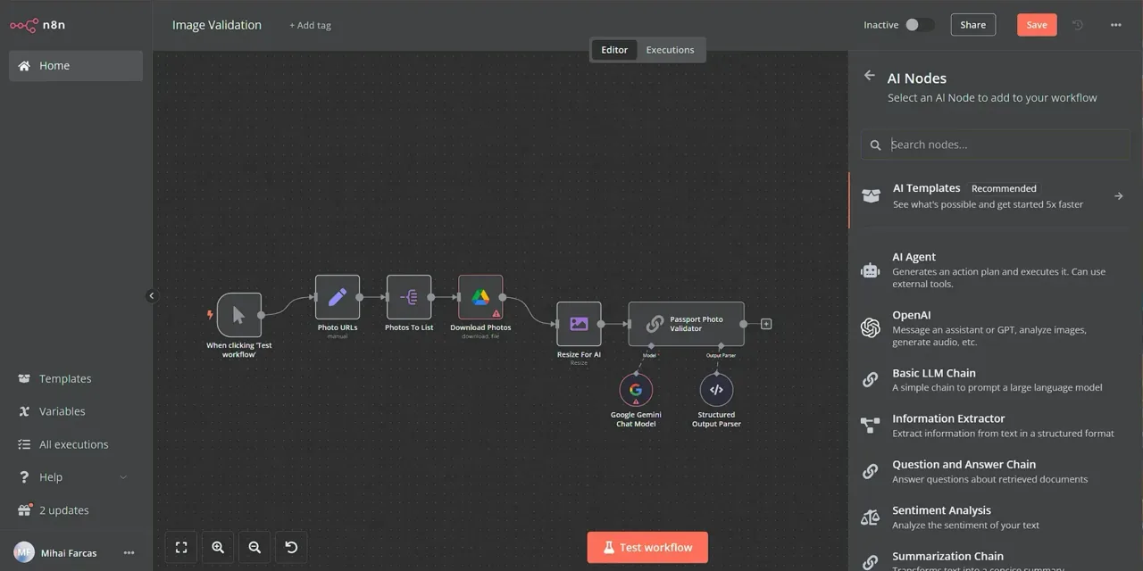 n8n AI workflow editor linking validation and automation nodes