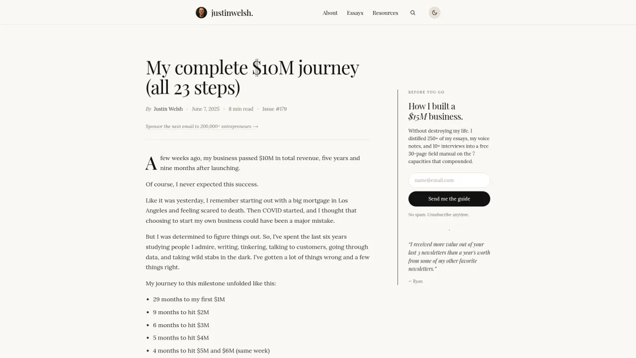 Justin Welsh essay on his $10M solo business journey over five years