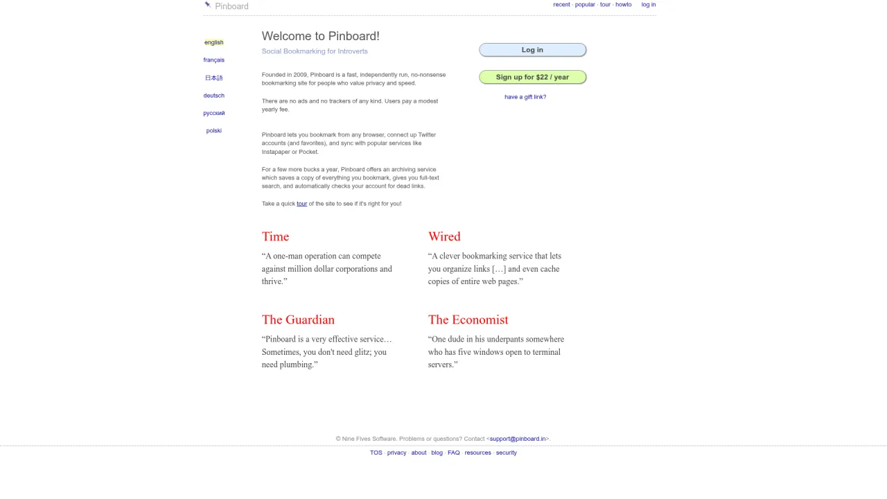 Pinboard, a profitable one-person bookmarking product homepage