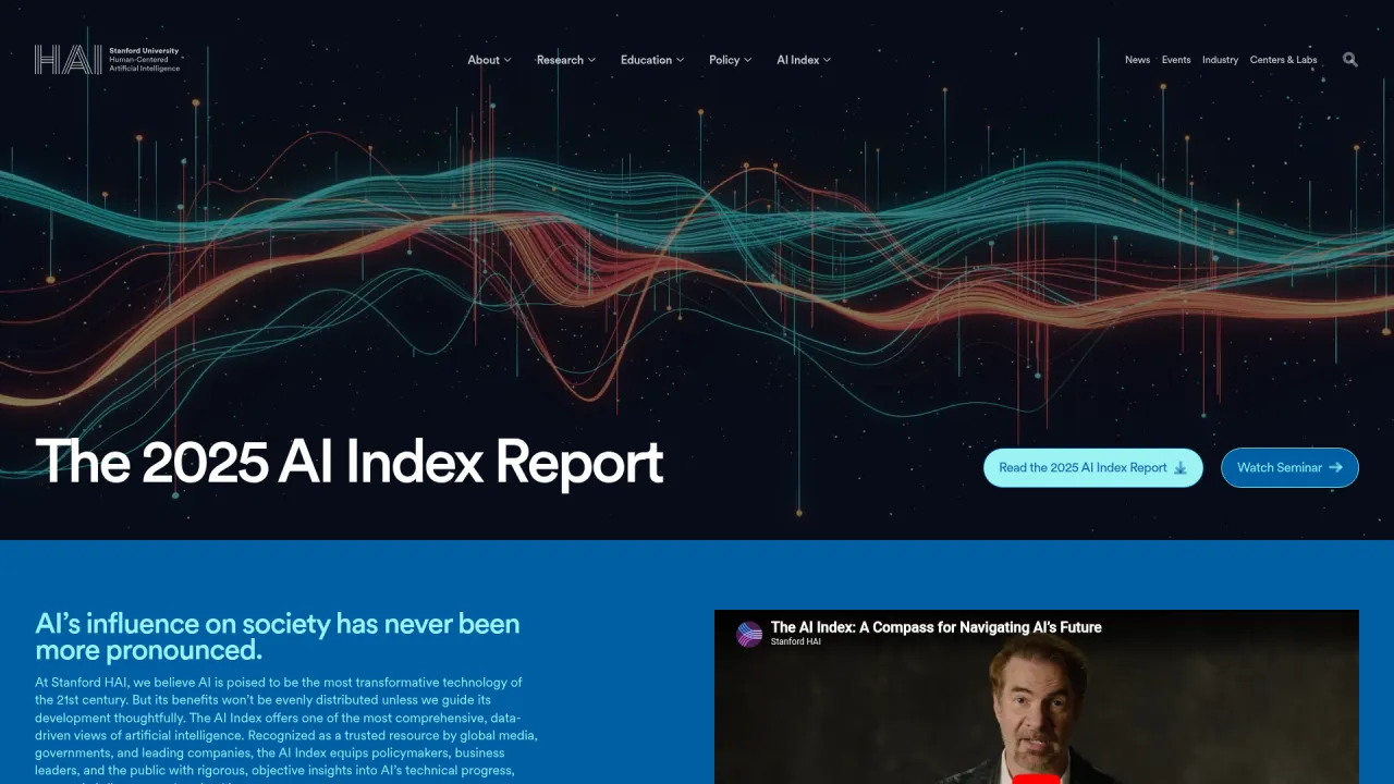 Stanford HAI 2025 AI Index Report homepage on AI's rising influence