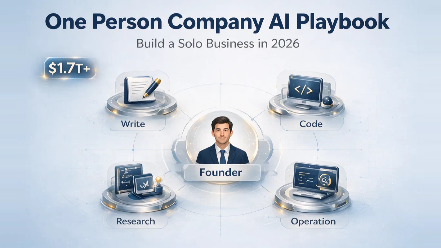 One Person Company AI Playbook cover: a solo founder at the center of a lean AI-powered business system for building a solo business in 2026