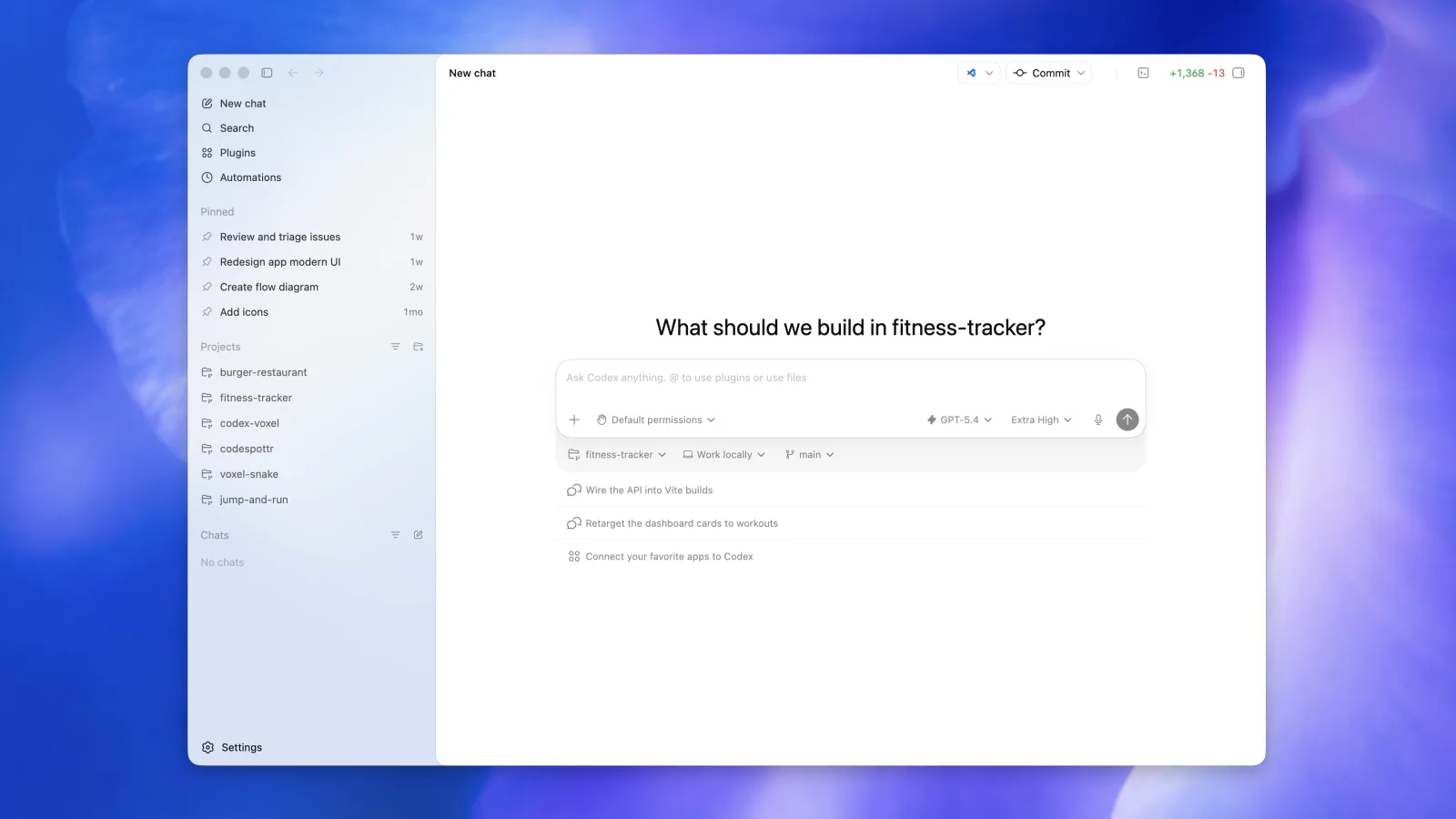Codex app interface with projects, tasks, and permission controls