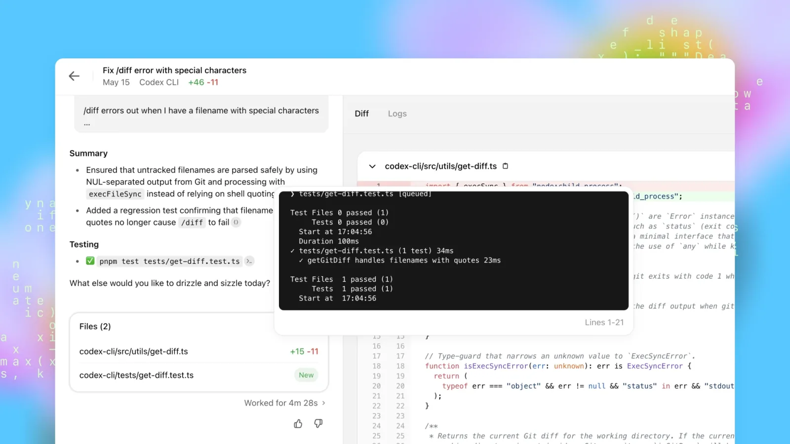 OpenAI Codex task result showing a code diff and passing tests