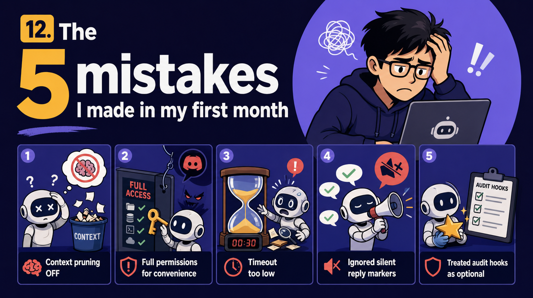 Cartoon avatar card illustration of five common first-month mistakes when running an OpenClaw agent.