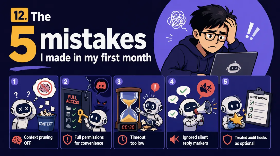 Cartoon avatar card illustration of five common first-month mistakes when running an OpenClaw agent.