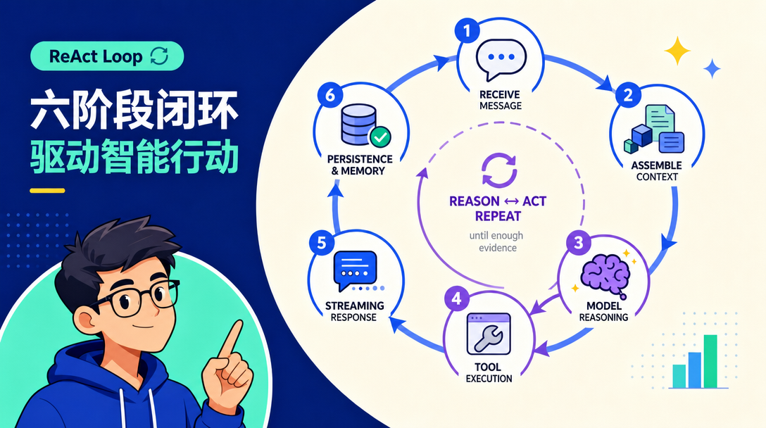 Cartoon avatar card illustration of the six-stage ReAct loop circling from receive to persistence, with rounds repeating in the middle.