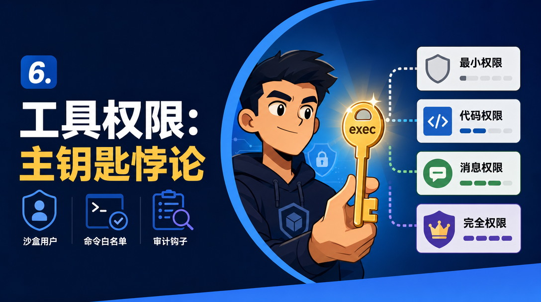 Cartoon avatar card illustration of tool permission groups and presets that shrink an agent's blast radius.