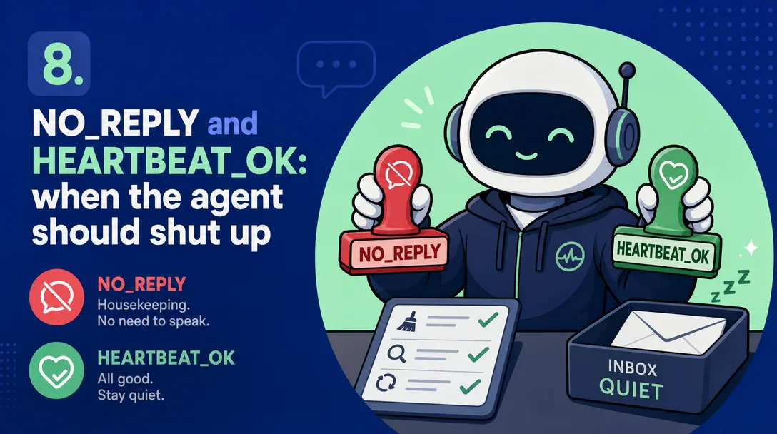 Cartoon avatar card illustration of two silent reply markers that turn an over-chatty agent invisible until something is wrong.