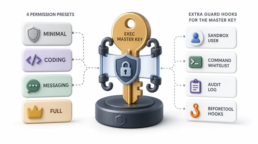 3D icon illustration of permission presets and the special exec master key with extra controls.