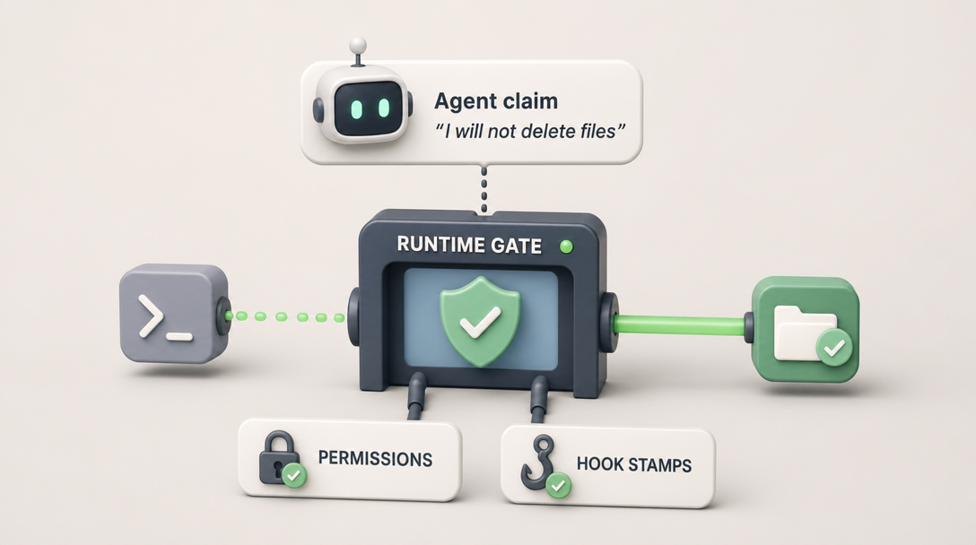 3D icon illustration of the runtime gating every agent action with deterministic checks even when the model promises to be safe.
