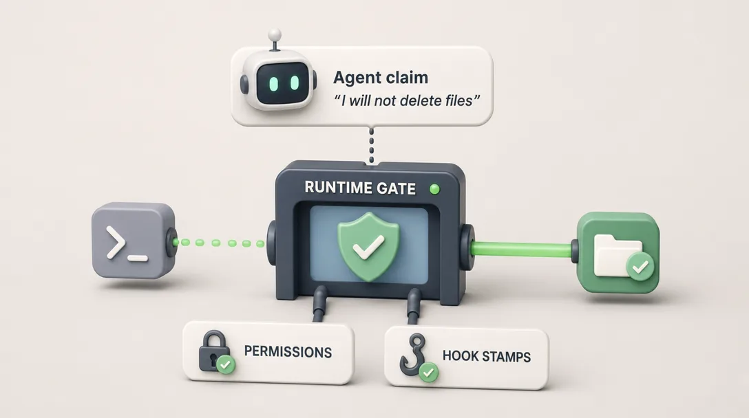 3D icon illustration of the runtime gating every agent action with deterministic checks even when the model promises to be safe.