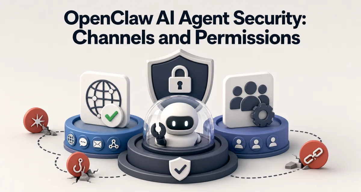 3D icon illustration cover for OpenClaw AI agent security covering channels, permissions, and assume-untrusted defenses.