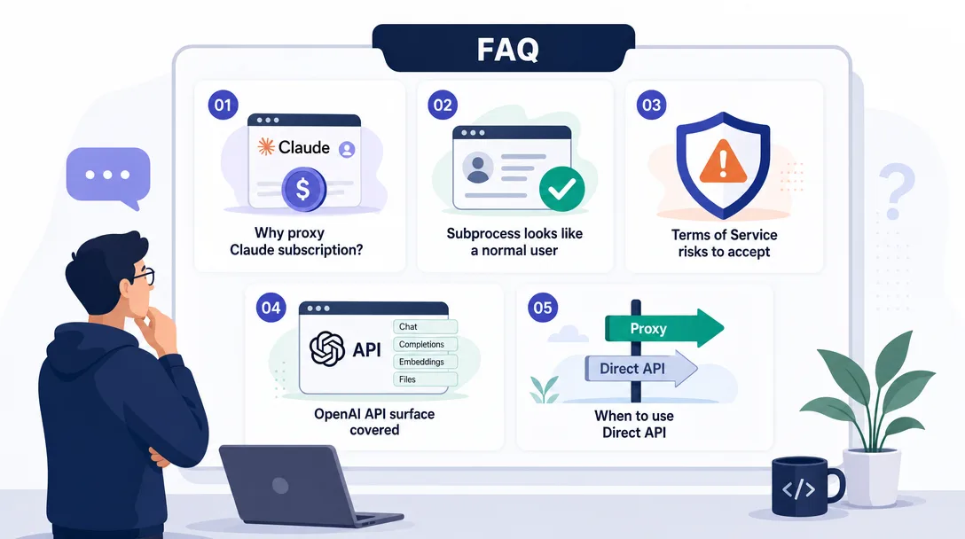 Product illustration of an FAQ panel covering proxy purpose, fingerprinting, ToS risk, and OpenAI compatibility scope.