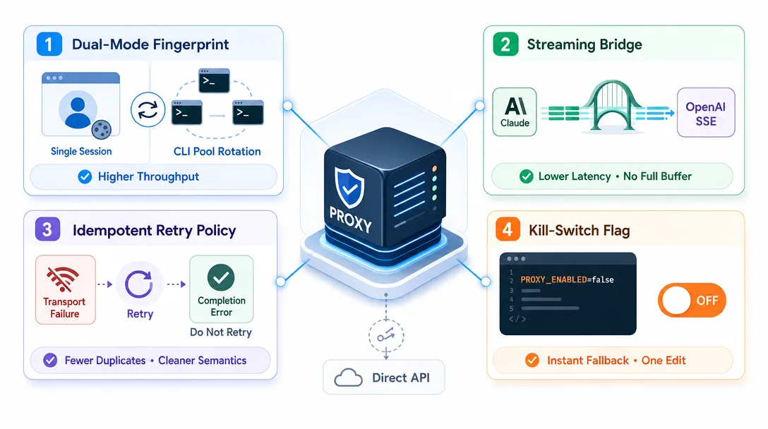 Product illustration of four key design decisions that earn their keep in a Claude CLI proxy.